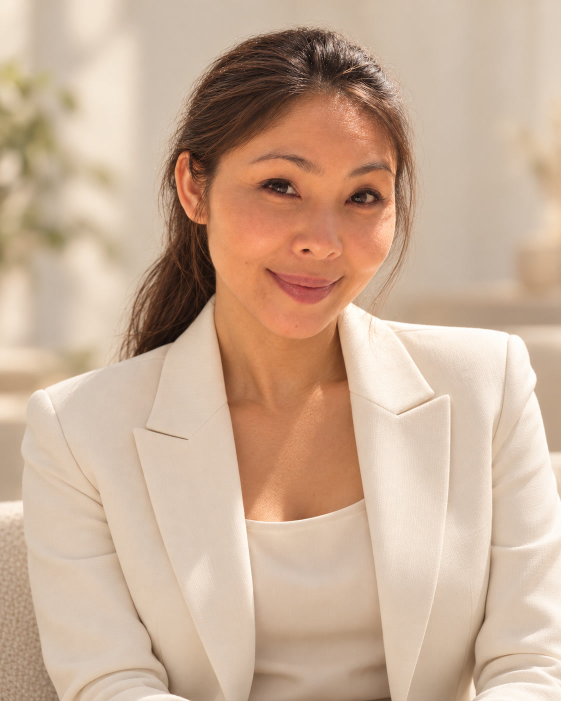Madeline in the selected ivory blazer portrait, in warm natural light